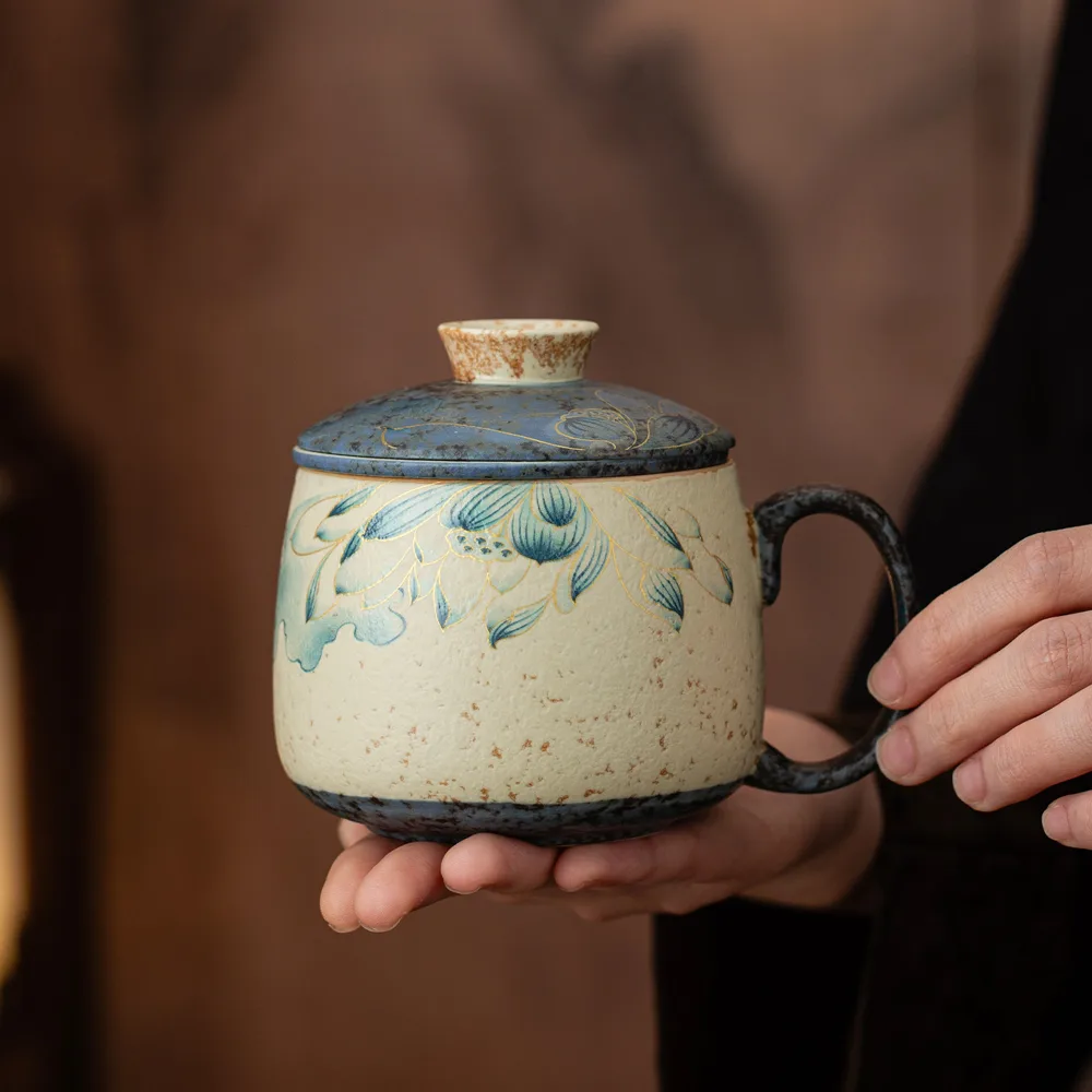 青花火石红盖泡茶杯